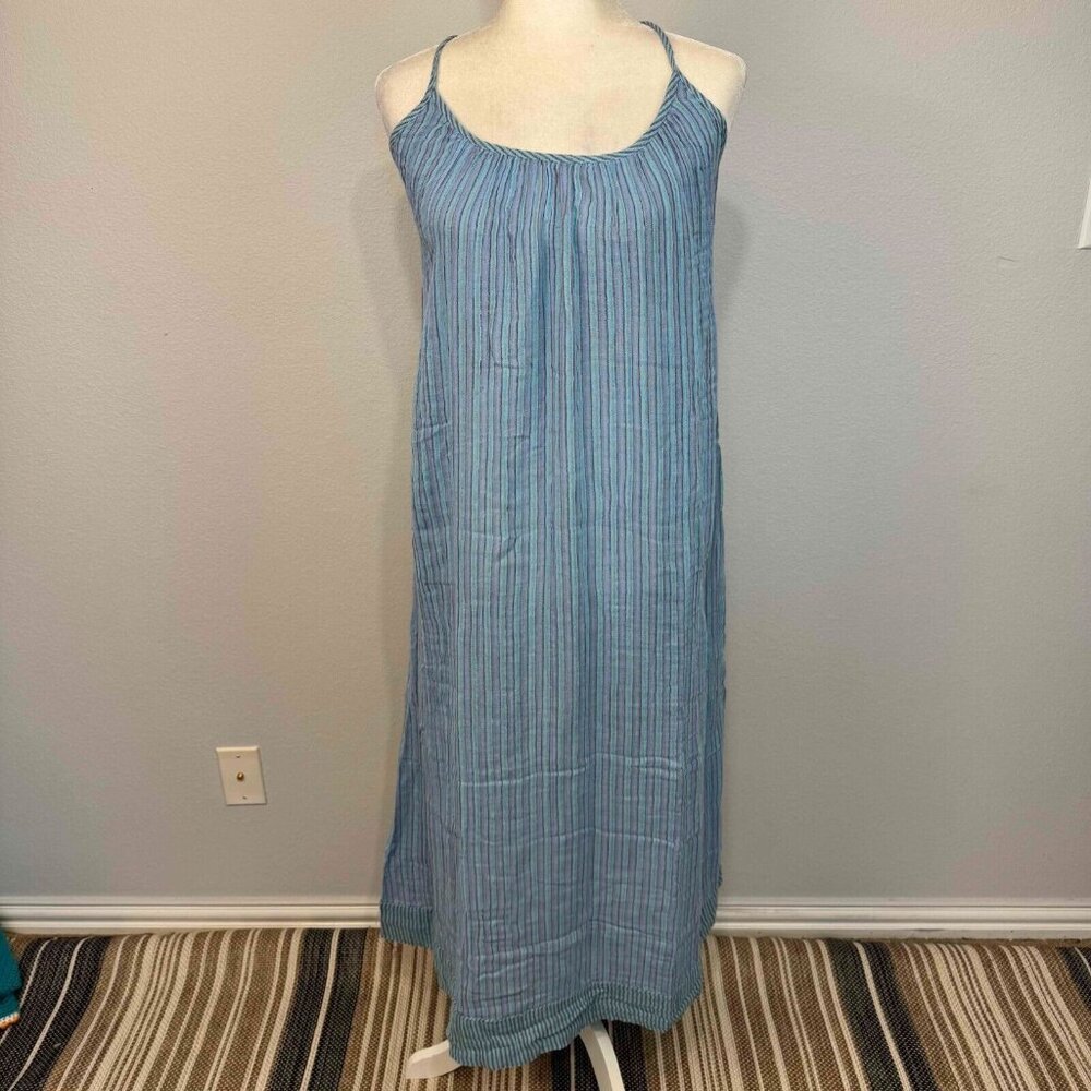 Free People Women's Rio Reversible Midi‎ Dress Cotton Tie-Back Striped Blue Sz S